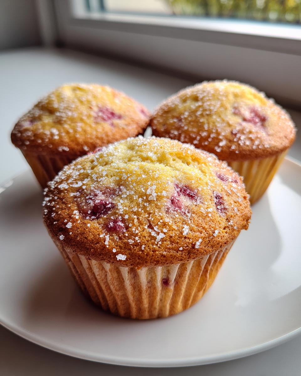 Drei goldbraune Rhabarber-Muffins, bestreut mit grobem Zucker, auf einem weißen Teller.