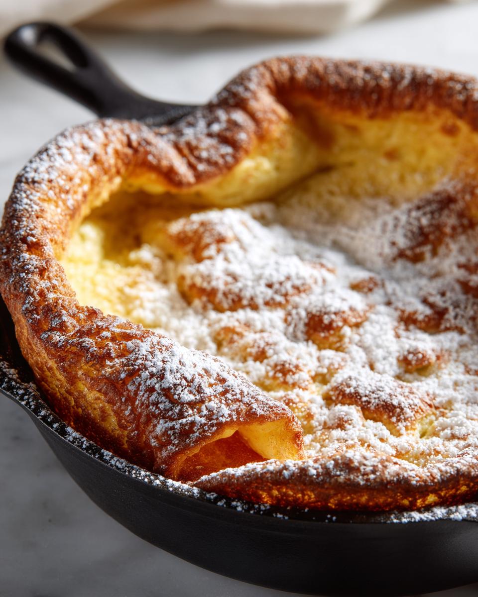 Nahaufnahme eines aufgegangenen Dutch Baby zum Muttertag, bestäubt mit Puderzucker, in einer gusseisernen Pfanne.