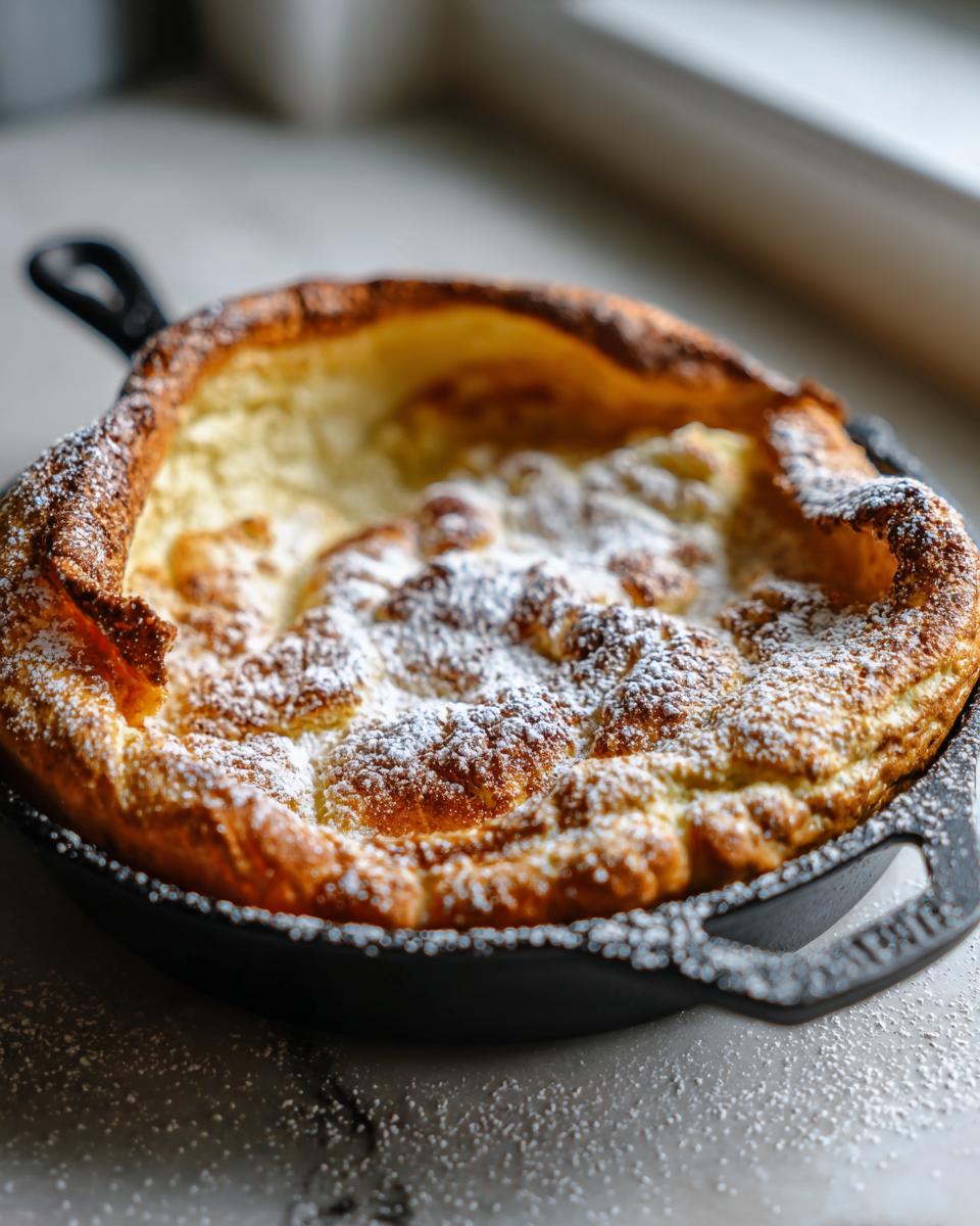 Ein aufgegangener Dutch Baby zum Muttertag, bestäubt mit Puderzucker, in einer gusseisernen Pfanne.
