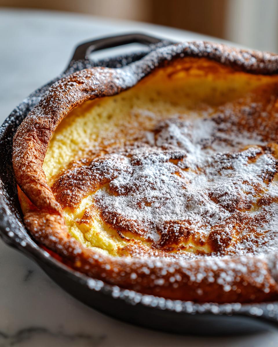 Nahaufnahme eines frisch gebackenen Dutch Baby zum Muttertag, bestäubt mit Puderzucker in einer gusseisernen Pfanne.