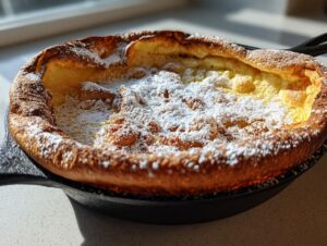 Ein aufgegangener Dutch Baby, reichlich mit Puderzucker bestreut, in einer gusseisernen Pfanne.