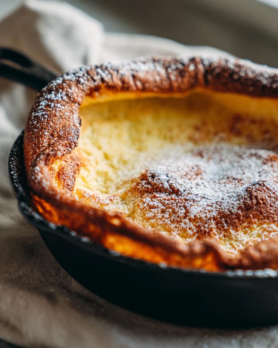 Nahaufnahme eines aufgegangenen Dutch Baby zum Muttertag, bestäubt mit Puderzucker, in einer gusseisernen Pfanne.