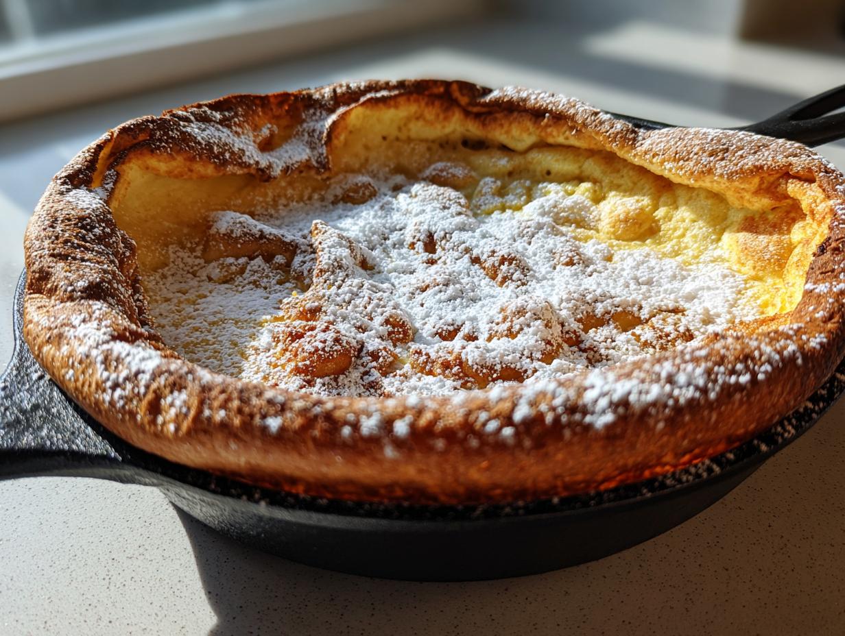Ein aufgegangener Dutch Baby, reichlich mit Puderzucker bestreut, in einer gusseisernen Pfanne.