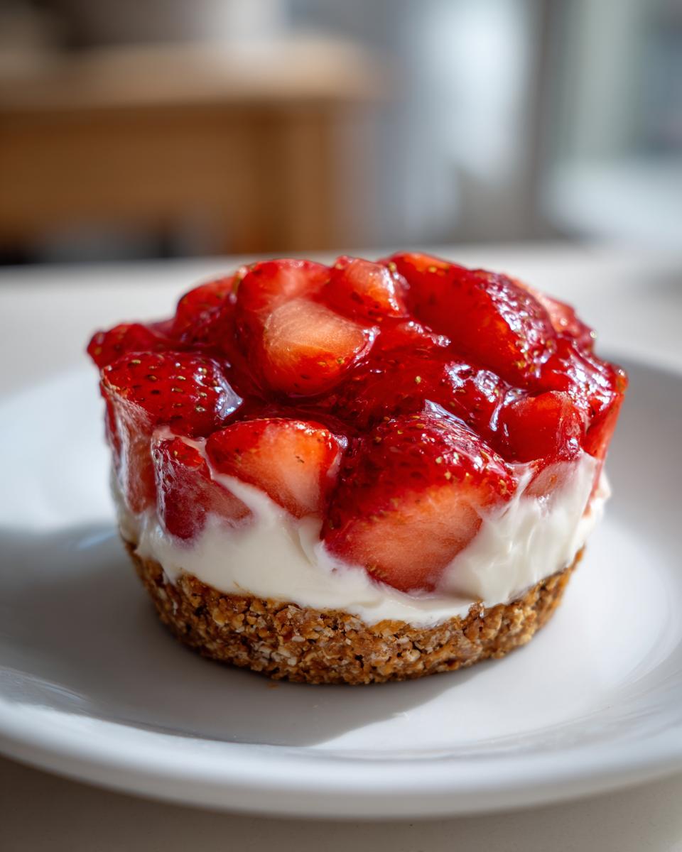Nahaufnahme eines einzelnen Erdbeer-Joghurt-Törtchens mit Keksboden und glänzender Erdbeerschicht.