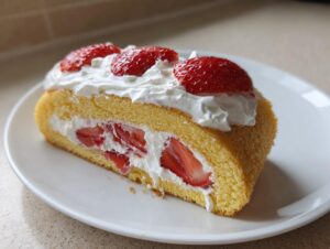 Ein aufgeschnittenes Stück Erdbeer-Biskuitrolle, gefüllt mit Sahne und frischen Erdbeeren, auf einem weißen Teller.