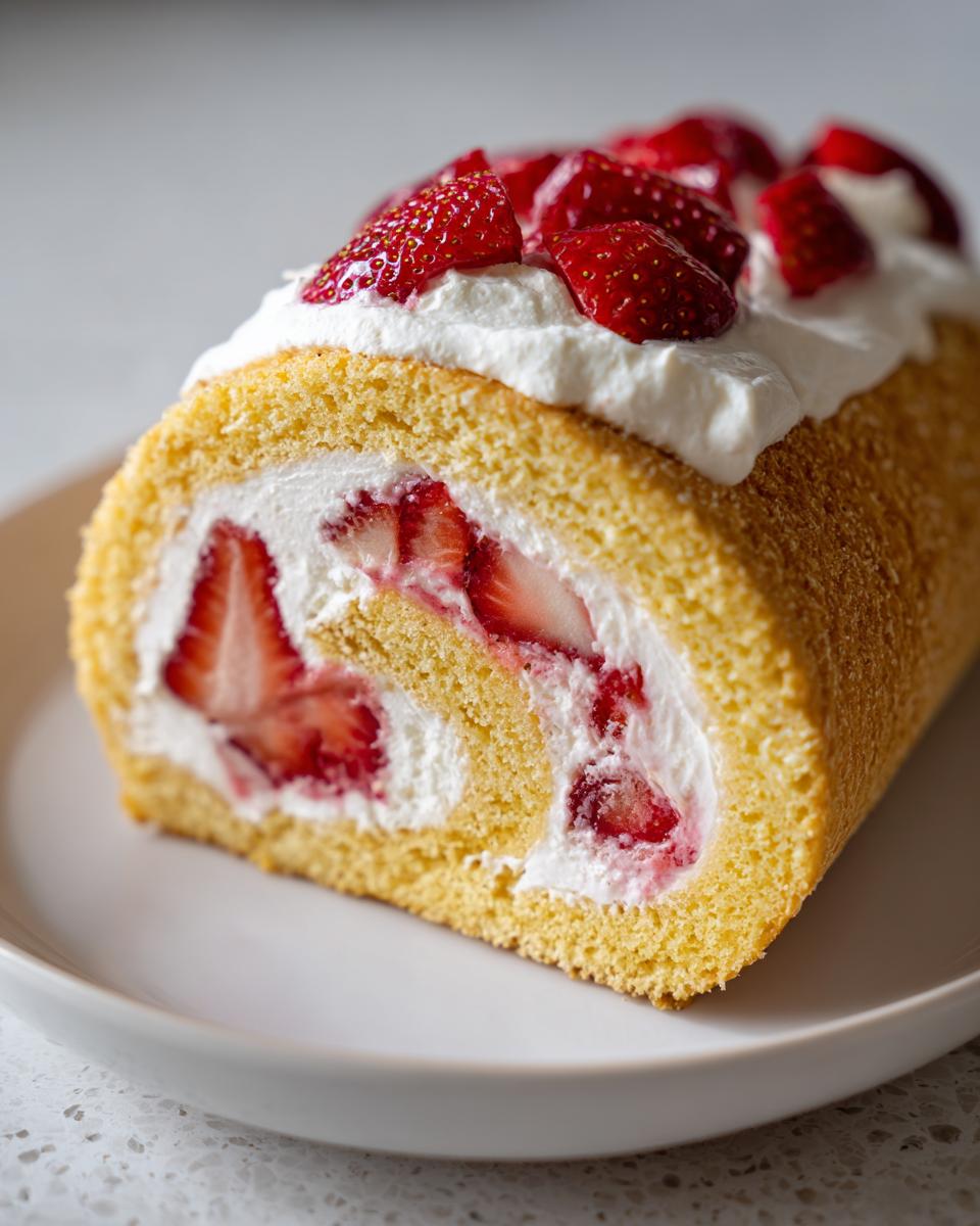 Nahaufnahme einer fertigen Erdbeer-Biskuitrolle, gefüllt mit Sahne und frischen Erdbeeren, auf einem weißen Teller.