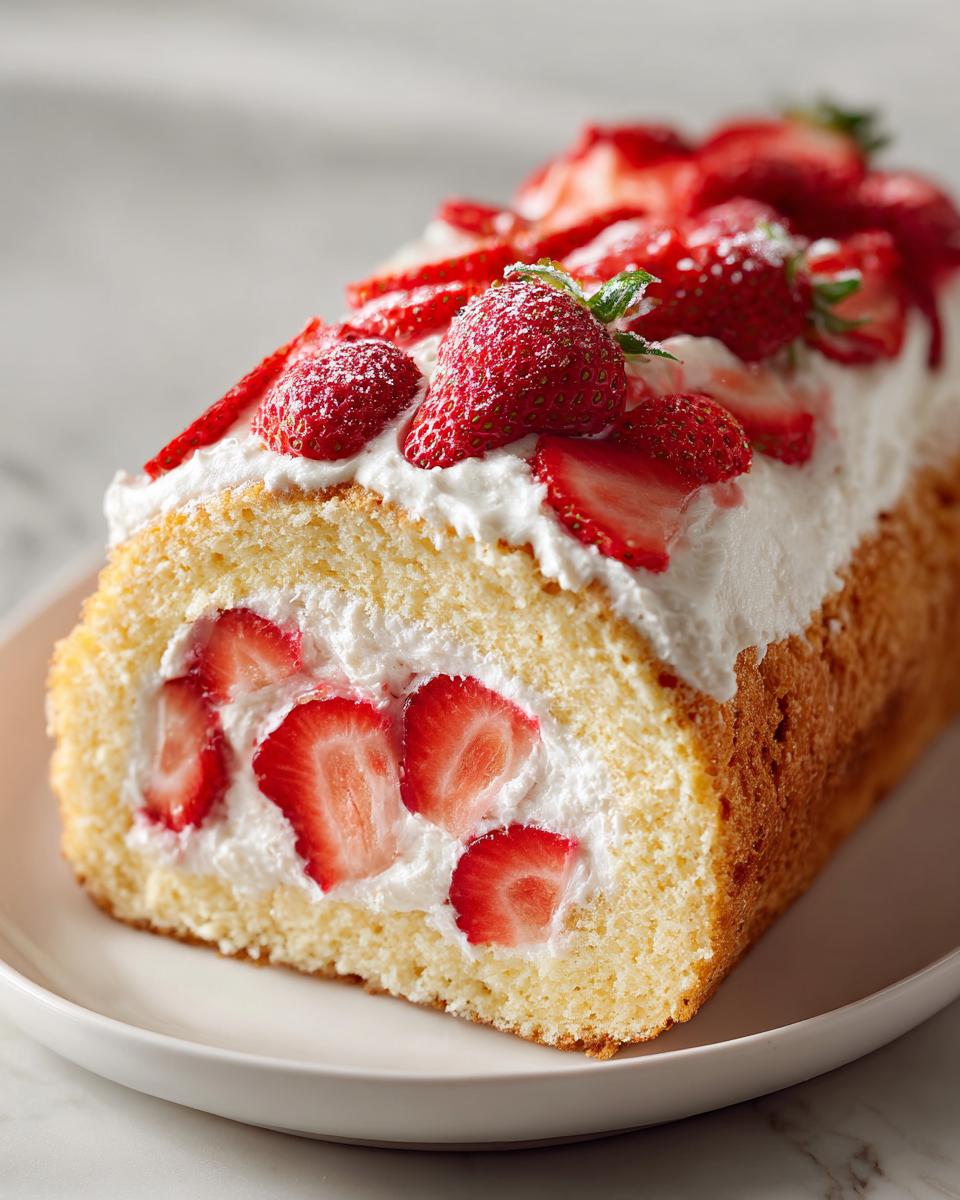 Anschnitt einer fertigen Erdbeer-Biskuitrolle, gefüllt mit Sahne und frischen Erdbeeren, bestäubt mit Puderzucker.