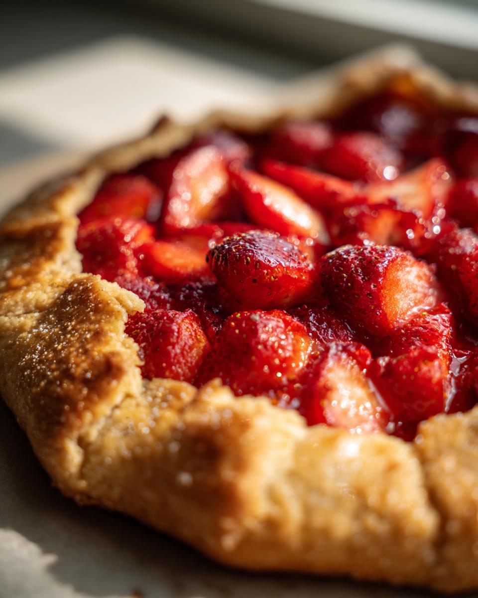Nahaufnahme einer frisch gebackenen Erdbeer-Galette mit glänzenden, roten Erdbeeren und knusprigem Rand.