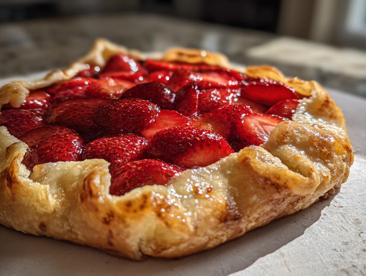 Nahaufnahme einer frisch gebackenen Erdbeer-Galette mit glasierten Erdbeeren und einem goldbraunen, gefalteten Teigrand.