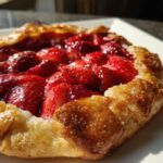 Nahaufnahme einer frisch gebackenen Erdbeer-Galette mit karamellisierten Rändern und glänzender Füllung.