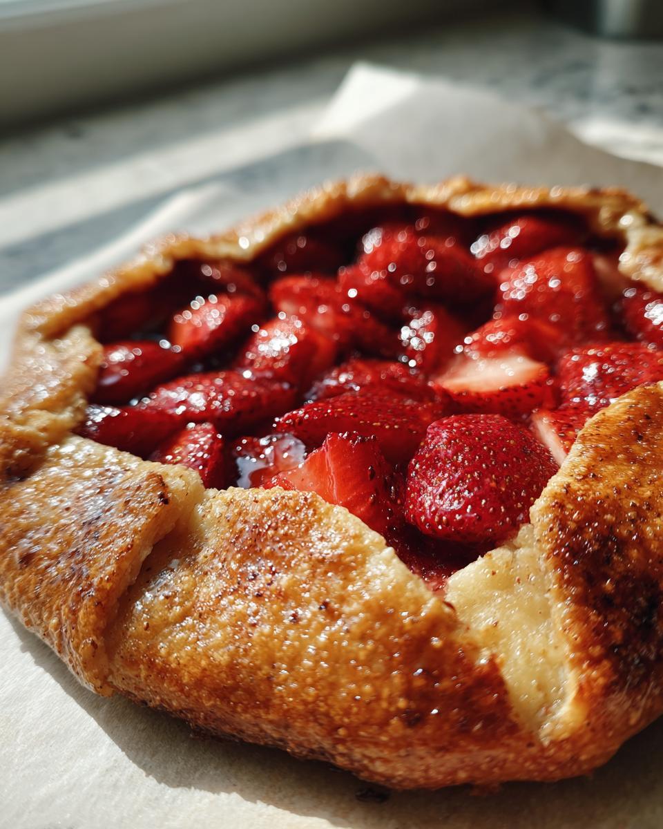 Nahaufnahme einer frisch gebackenen, rustikalen Erdbeer-Galette mit glänzender Füllung und goldbraunem Rand.