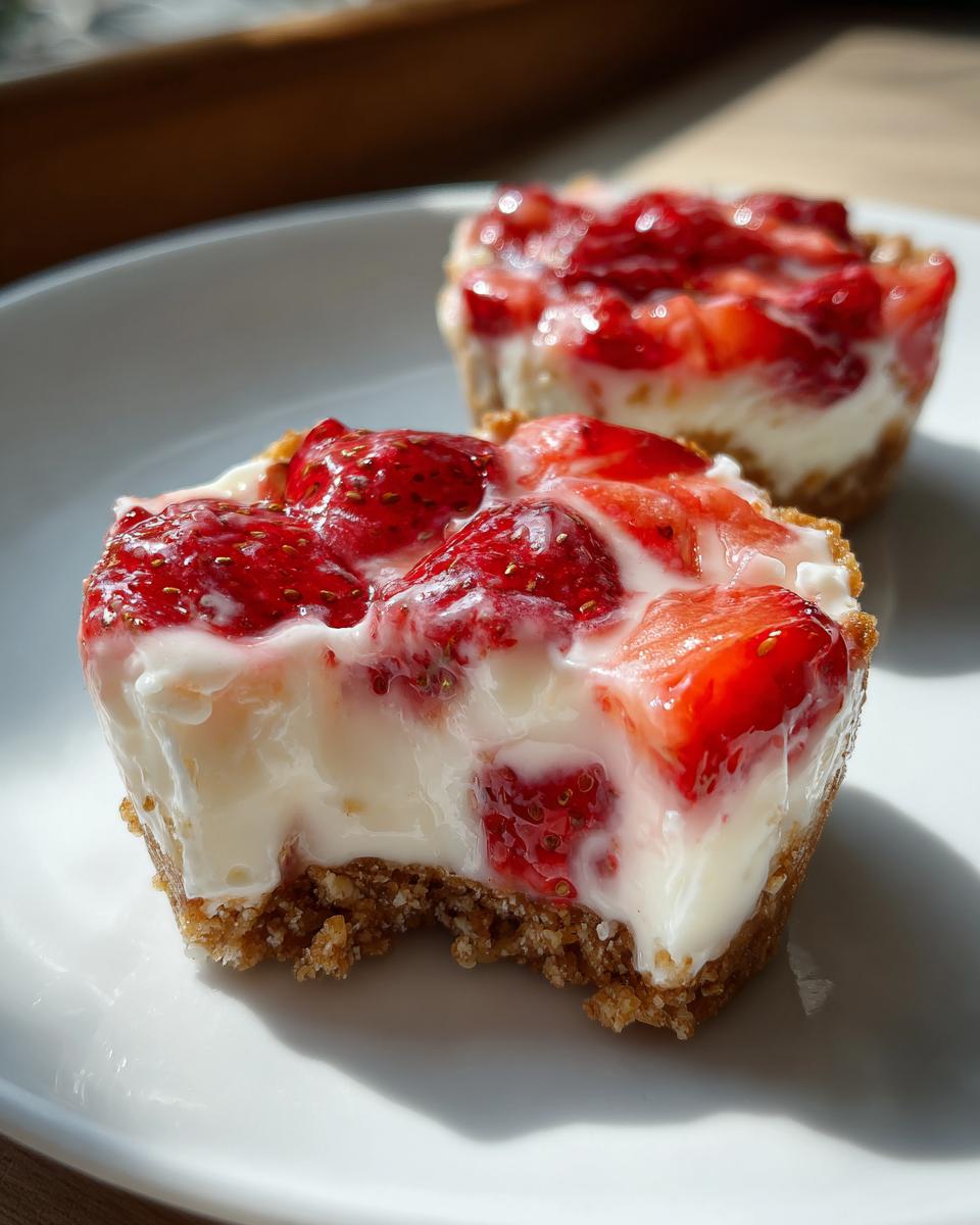 Nahaufnahme eines angeschnittenen Erdbeer-Joghurt-Törtchen mit cremigem Belag und frischen Erdbeeren.