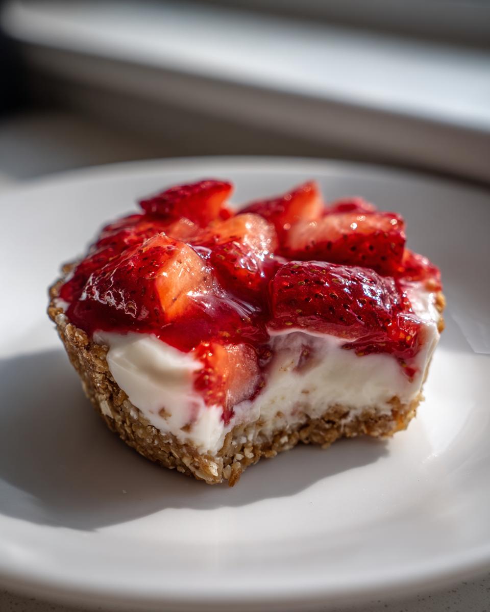 Nahaufnahme eines angeschnittenen Erdbeer-Joghurt-Törtchens mit Keksboden und frischen Erdbeeren.