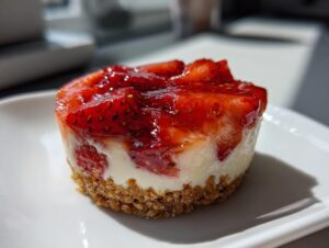 Ein einzelnes, kleines Erdbeer-Joghurt-Törtchen mit Keksboden und glänzender Erdbeerschicht auf einem weißen Teller.
