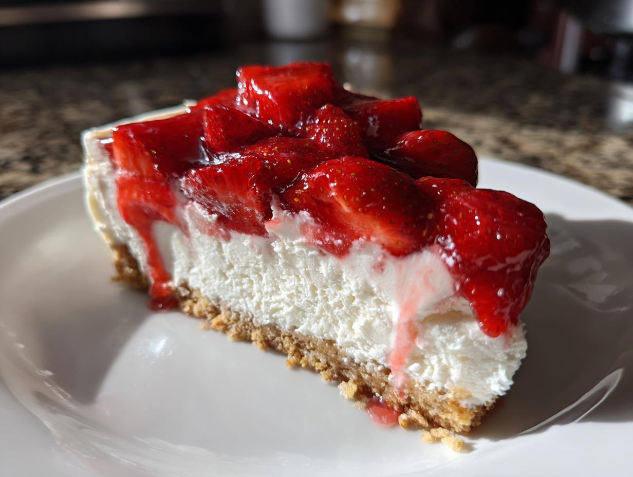 Ein großes Stück cremiger Erdbeer-Käsekuchen mit einem Keksboden und glänzenden Erdbeeren obendrauf.