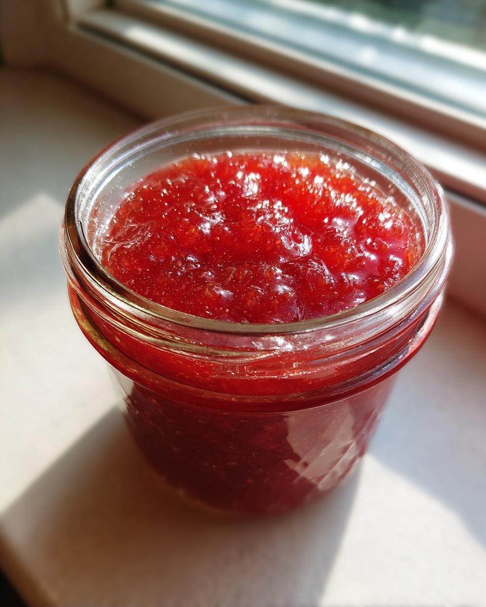 Nahaufnahme eines Glases mit leuchtend roter Erdbeer Rhabarber Marmelade, das im Sonnenlicht steht.