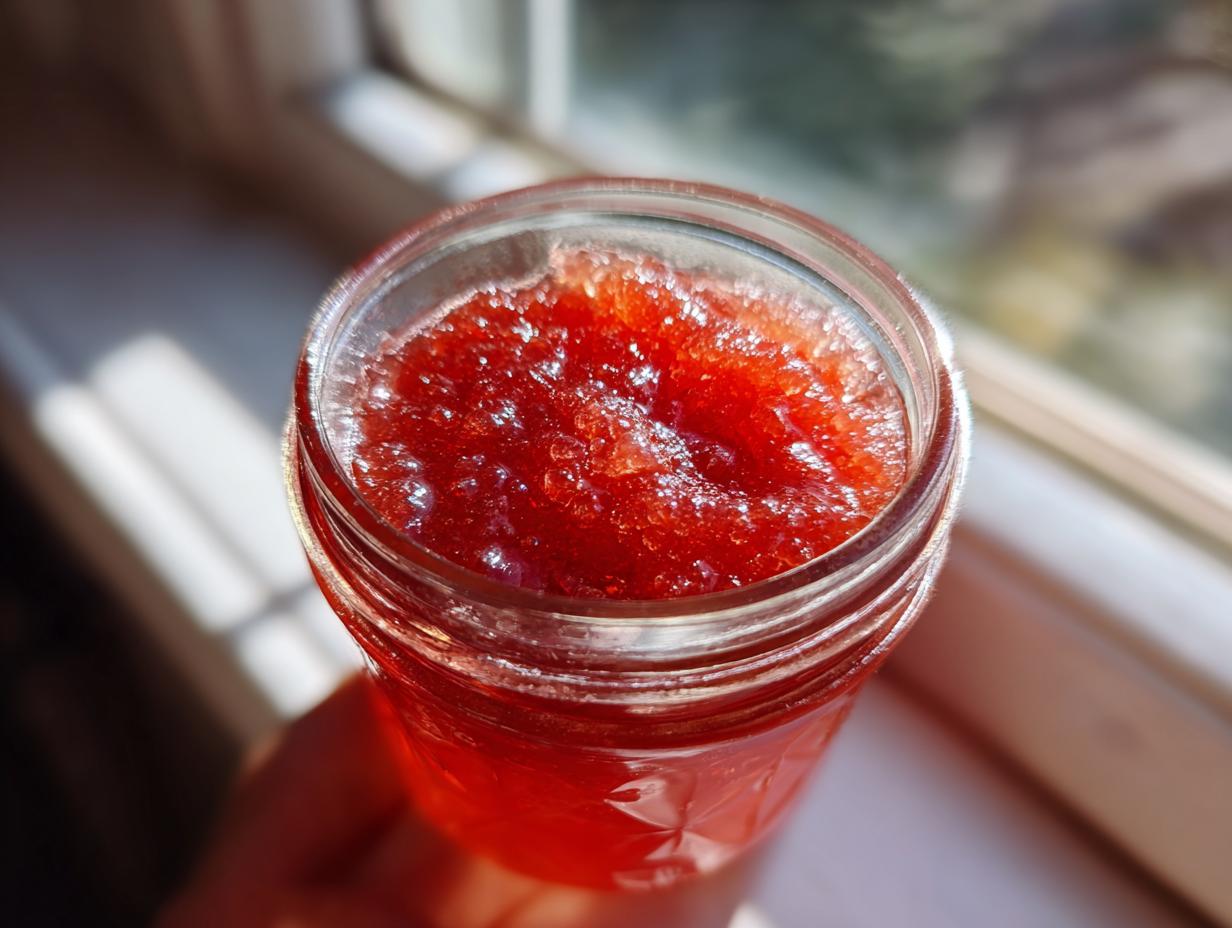 Nahaufnahme von leuchtend roter Erdbeer Rhabarber Marmelade in einem Glas, beleuchtet durch Sonnenlicht.