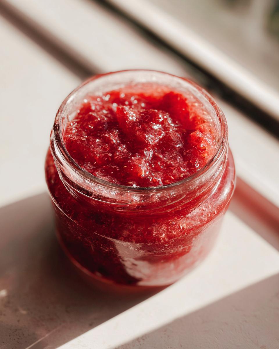 Nahaufnahme einer Glas mit leuchtend roter Erdbeer Rhabarber Marmelade im Sonnenlicht.