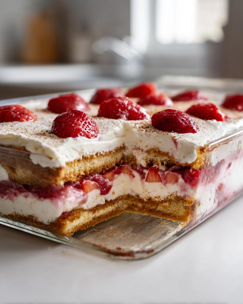 Anschnitt eines cremigen Erdbeer Tiramisu in einer Glasform, garniert mit frischen Erdbeeren.