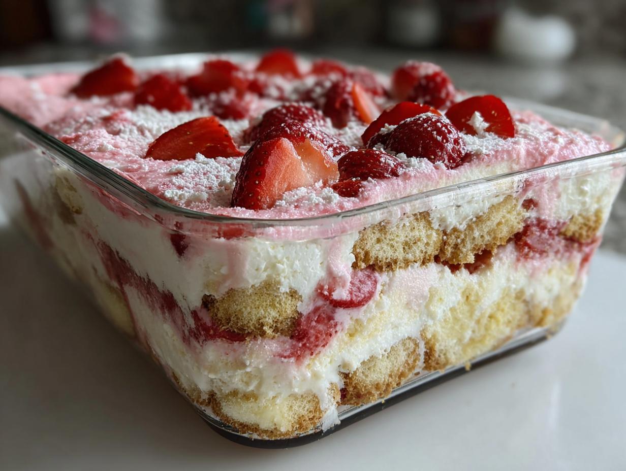 Nahaufnahme eines geschichteten Erdbeer Tiramisu in einer Glasform, bestreut mit Puderzucker.