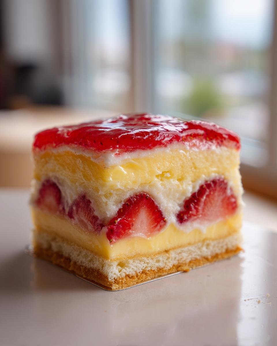 Nahaufnahme eines Stücks Erdbeerkuchen mit Pudding, gefüllt mit frischen Erdbeeren und Glasur.