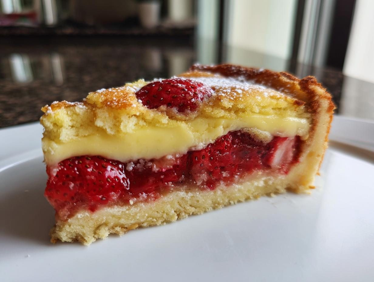 Nahaufnahme eines Stücks Erdbeerkuchen mit Pudding, belegt mit Erdbeeren und Puderzucker.
