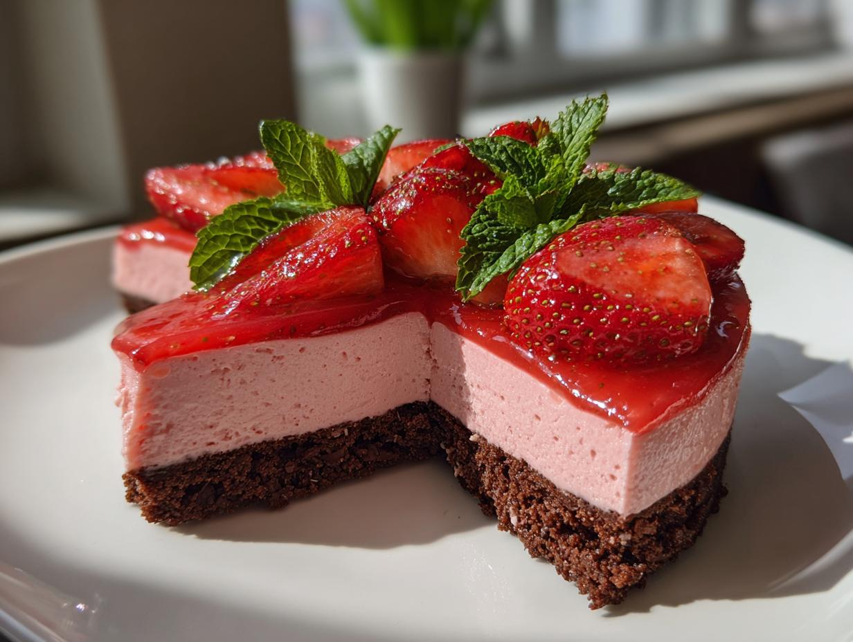 Ein Stück Erdbeermousse-Torte mit Schokoboden, Erdbeerguss und frischen Erdbeeren.