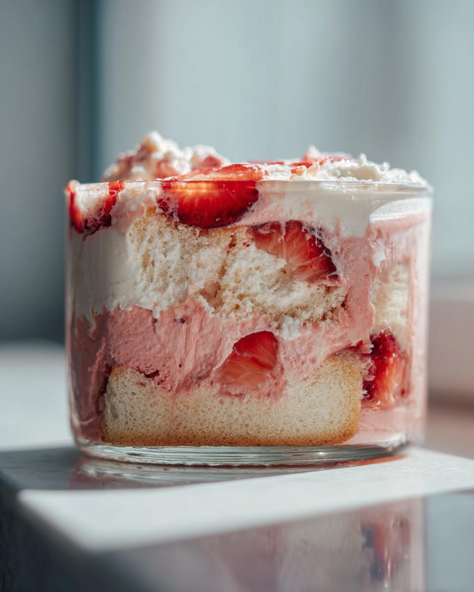 Nahaufnahme eines einzelnen Erdbeertiramisu im Glas mit Schichten aus Biskuit, Erdbeercreme und frischen Erdbeerscheiben.