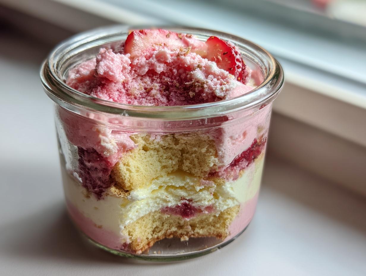Nahaufnahme eines Erdbeertiramisu im Glas mit Schichten aus Biskuit, Creme und Erdbeermousse.