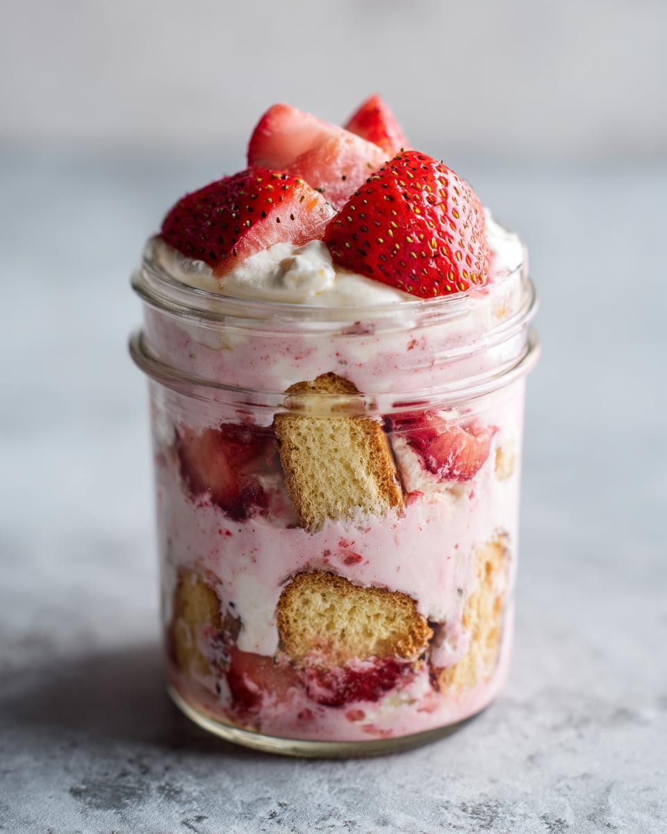 Nahaufnahme eines Erdbeertiramisu im Glas mit Schichten aus Biskuit, Erdbeercreme und frischen Erdbeeren.
