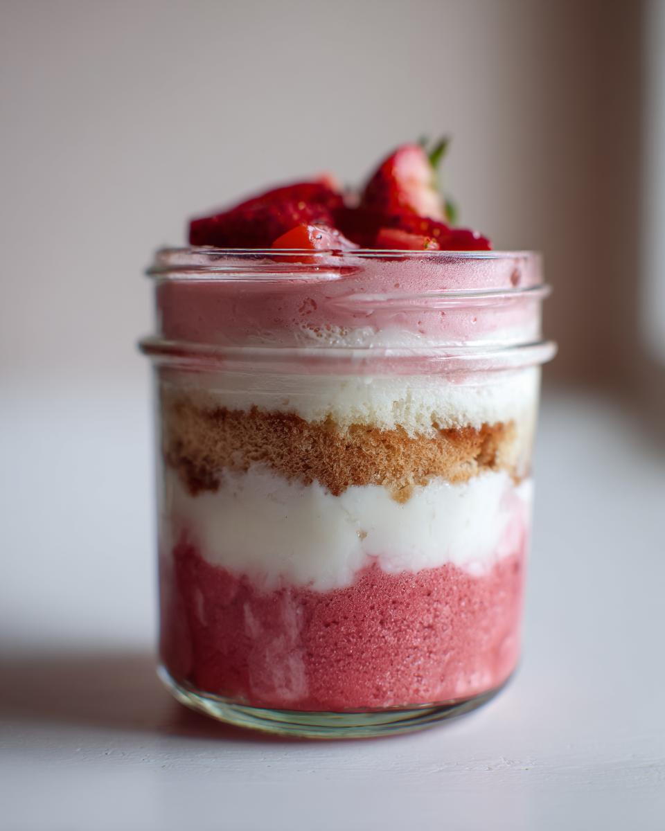 Nahaufnahme eines geschichteten Erdbeertiramisu im Glas mit Biskuit, Creme und frischen Erdbeeren obenauf.