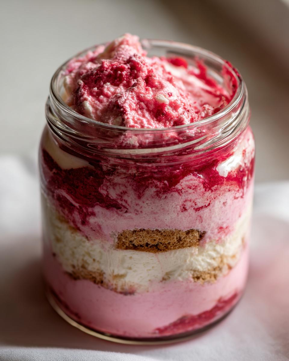 Nahaufnahme eines geschichteten Erdbeertiramisu im Glas mit Biskuit und rosa Creme.