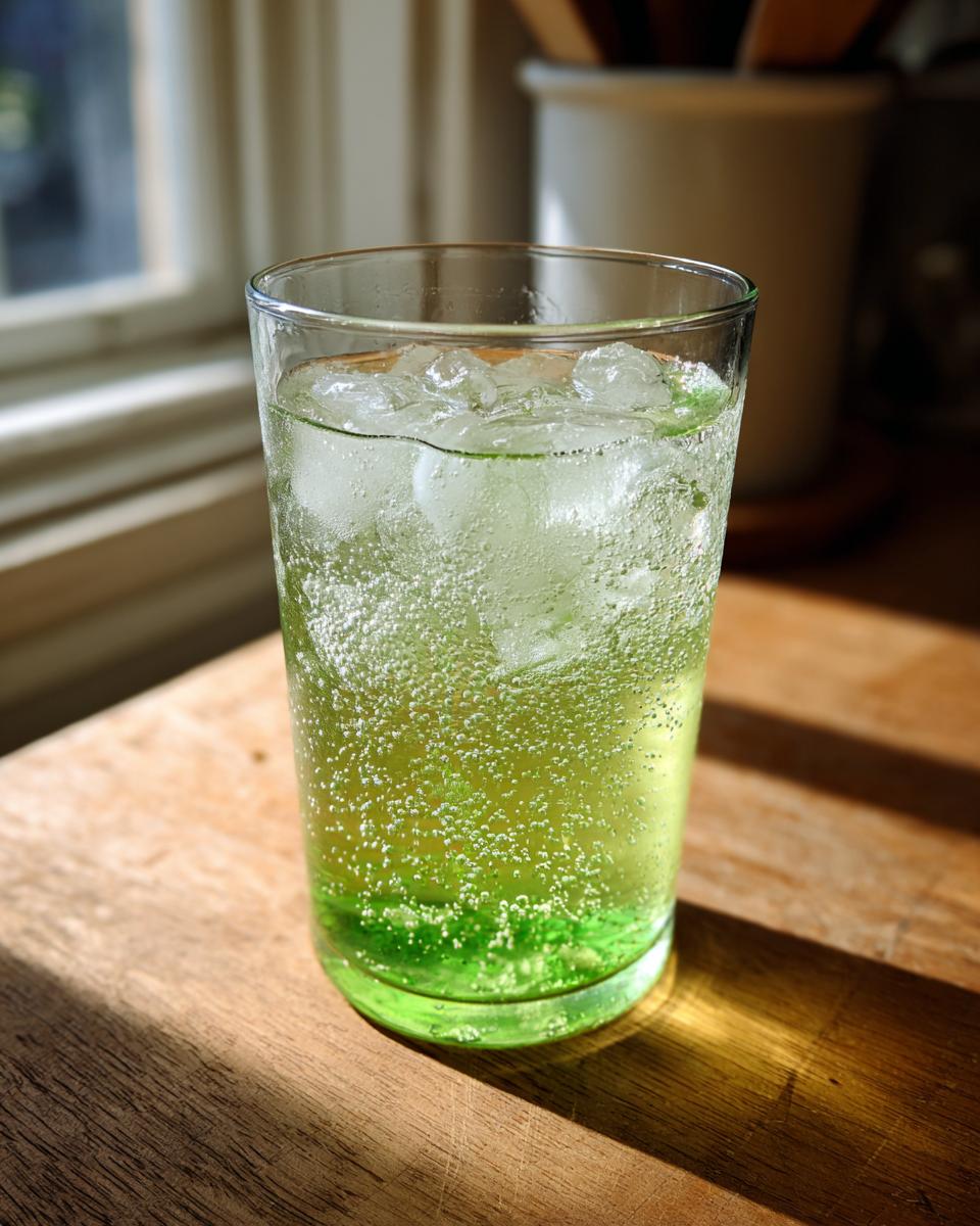 Nahaufnahme eines kohlensäurehaltigen, hellgrünen Maibowle-Getränks mit Eiswürfeln in einem Glas auf einem Holztisch.
