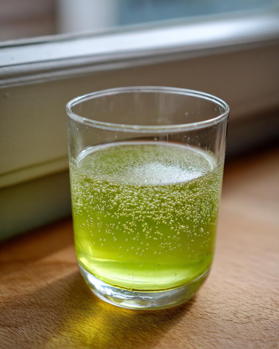 Nahaufnahme eines Glases mit hellgrüner, kohlensäurehaltiger Maibowle auf einem Holztisch.