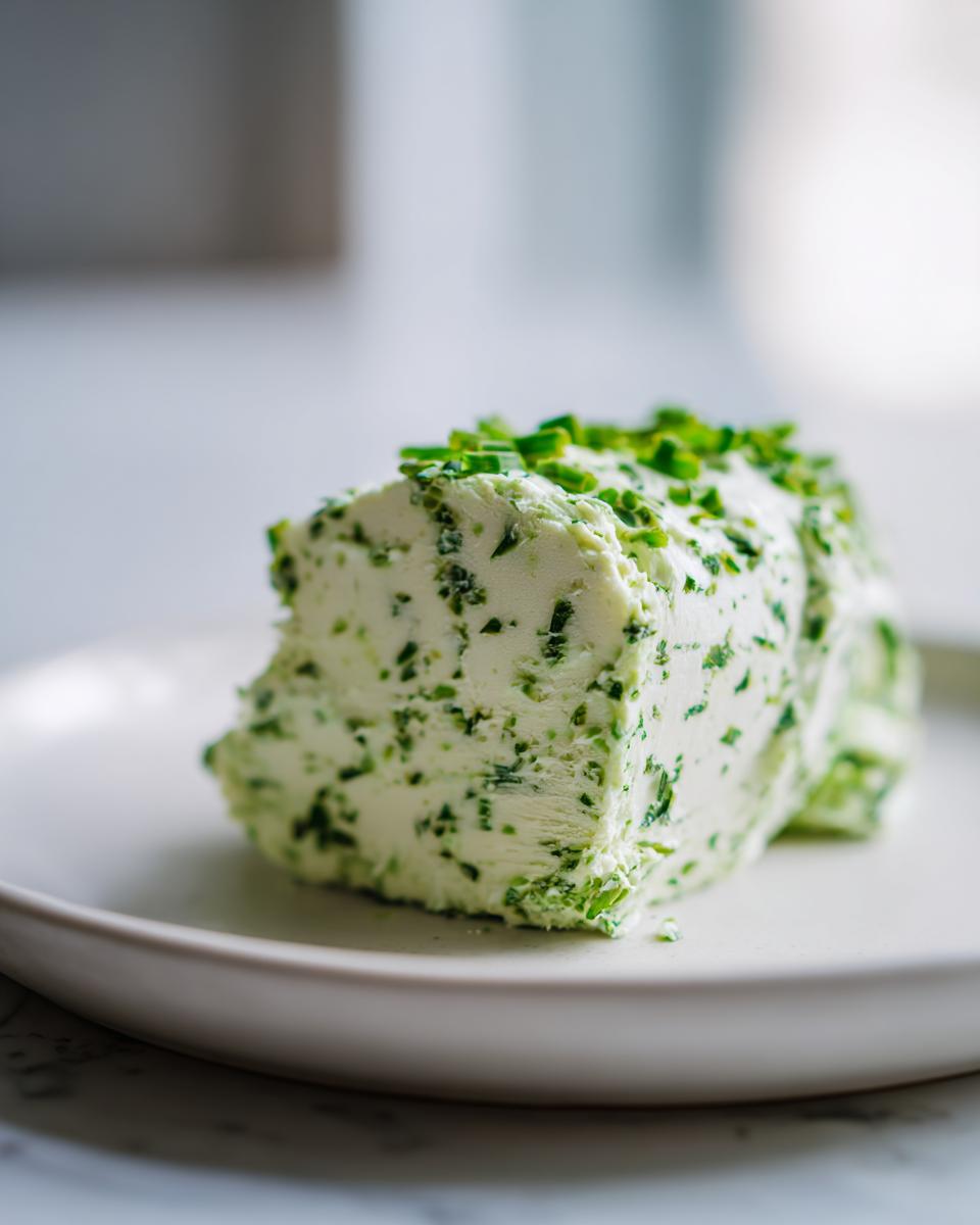 Ein Stück selbstgemachte Bärlauchbutter, reich an grünen Kräutern, liegt auf einem hellen Teller.