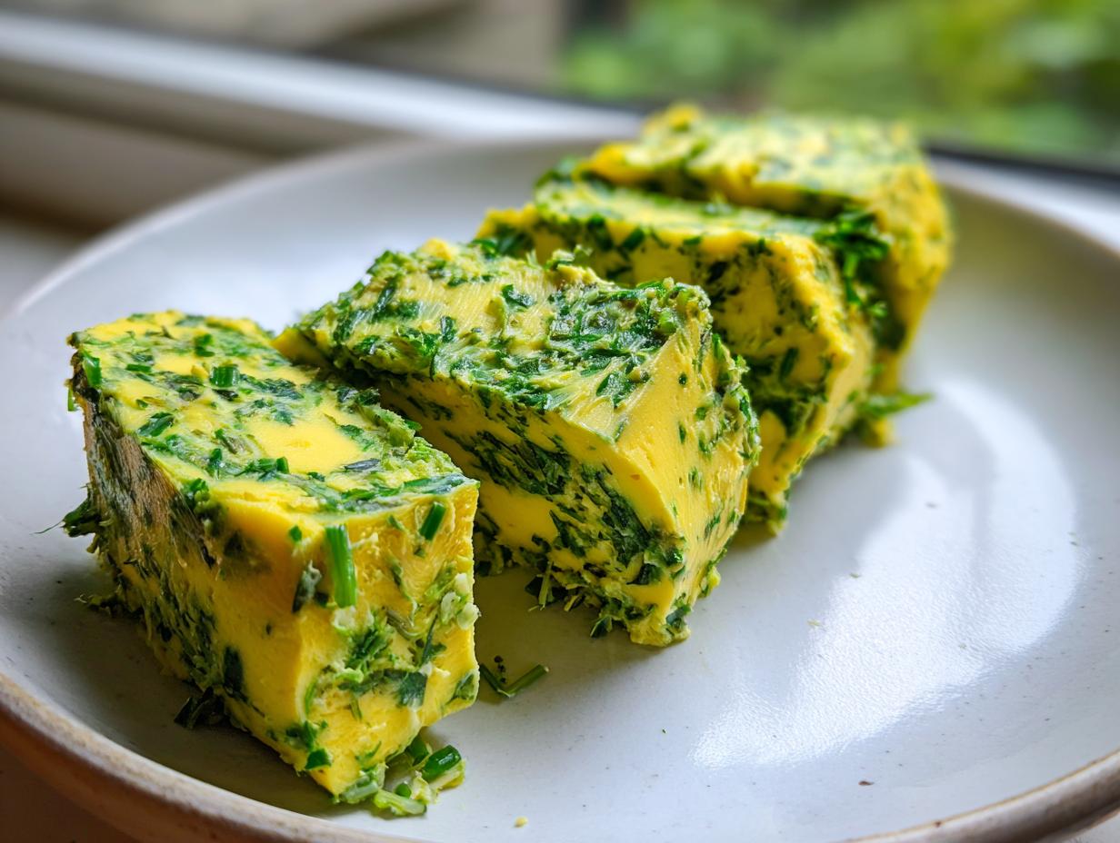 Vier dicke Scheiben selbstgemachte Kräuterbutter mit viel Schnittlauch auf einem hellen Teller.