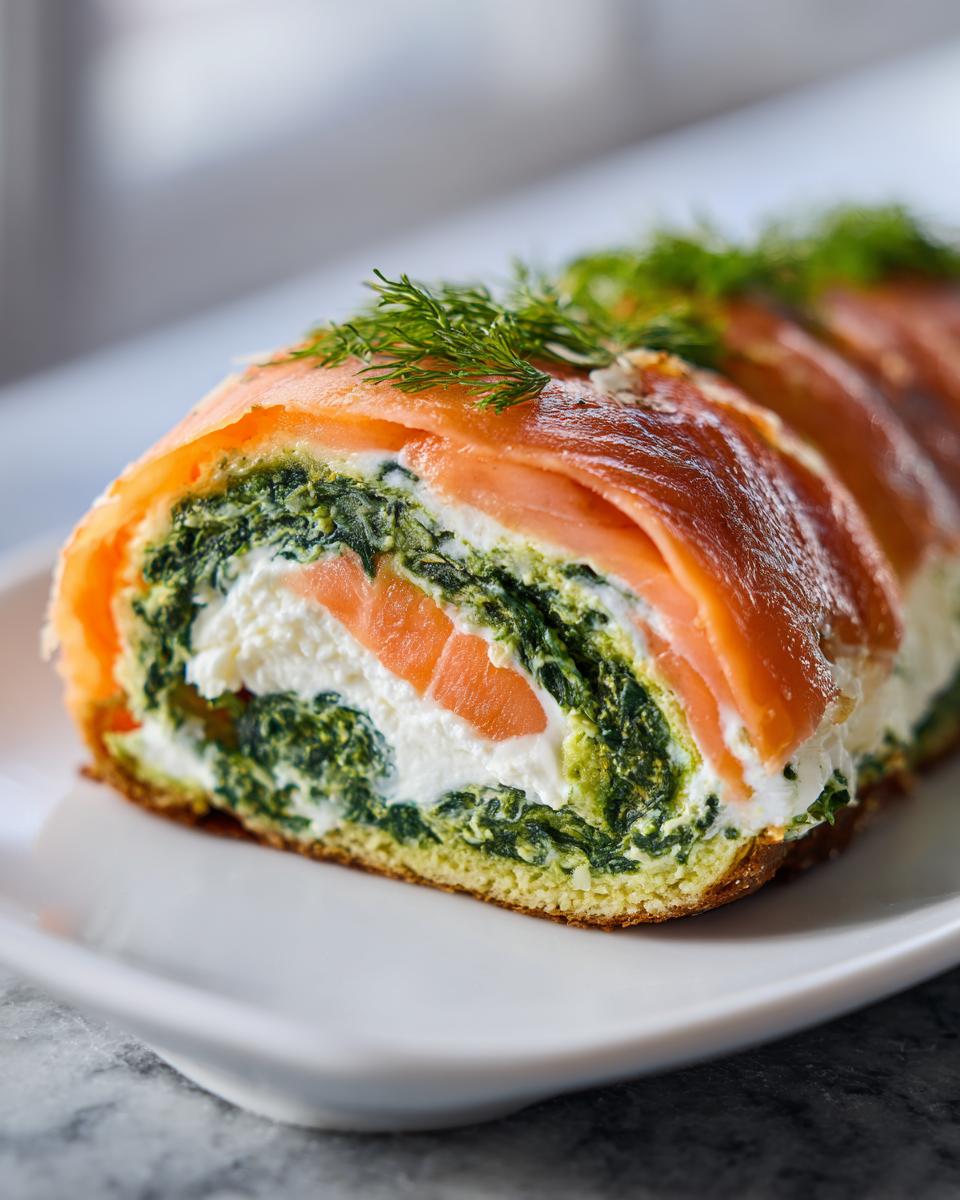 Nahaufnahme einer fertigen Lachsrolle zum Muttertag mit Spinatfüllung, Frischkäse und Lachsscheiben, garniert mit Dill.