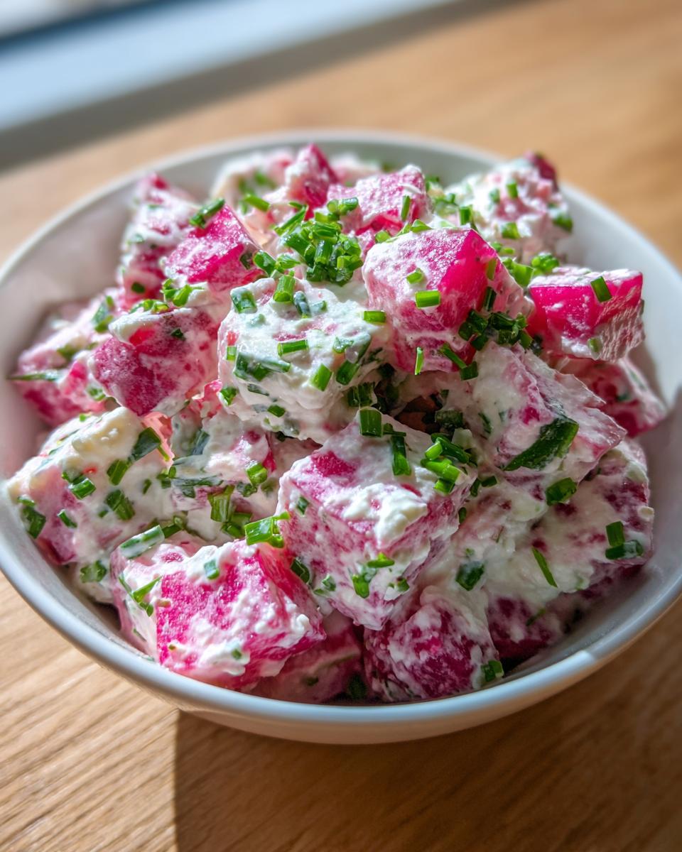 Nahaufnahme eines weißen Schälchens mit cremigem Radieschen-Dip, bestehend aus gewürfelten, rosa Radieschen und einer weißen Soße, garniert mit frischem Schnittlauch.