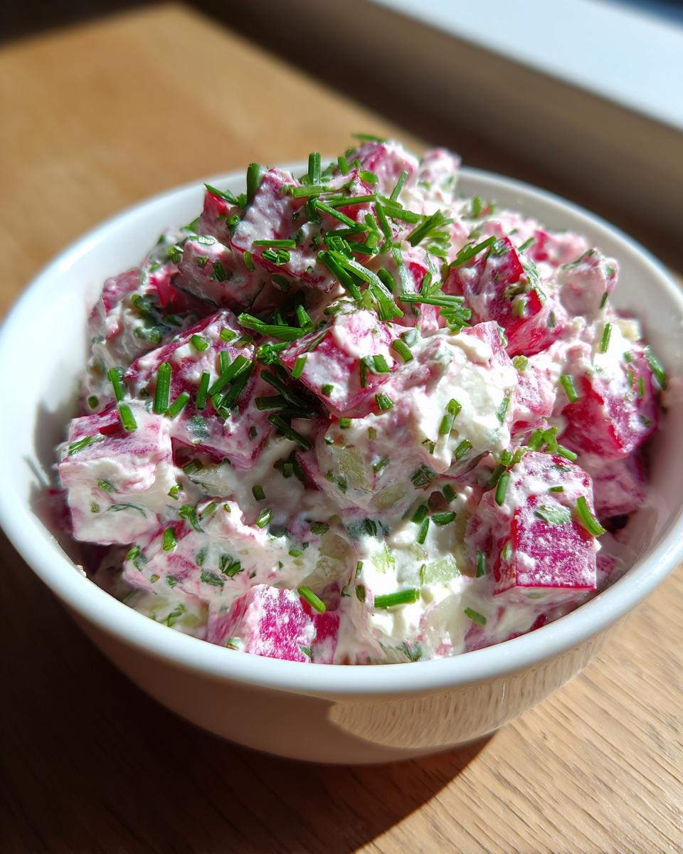 Nahaufnahme eines cremigen Radieschen-Dips mit gewürfelten Radieschen und reichlich Schnittlauch garniert in einer weißen Schale.