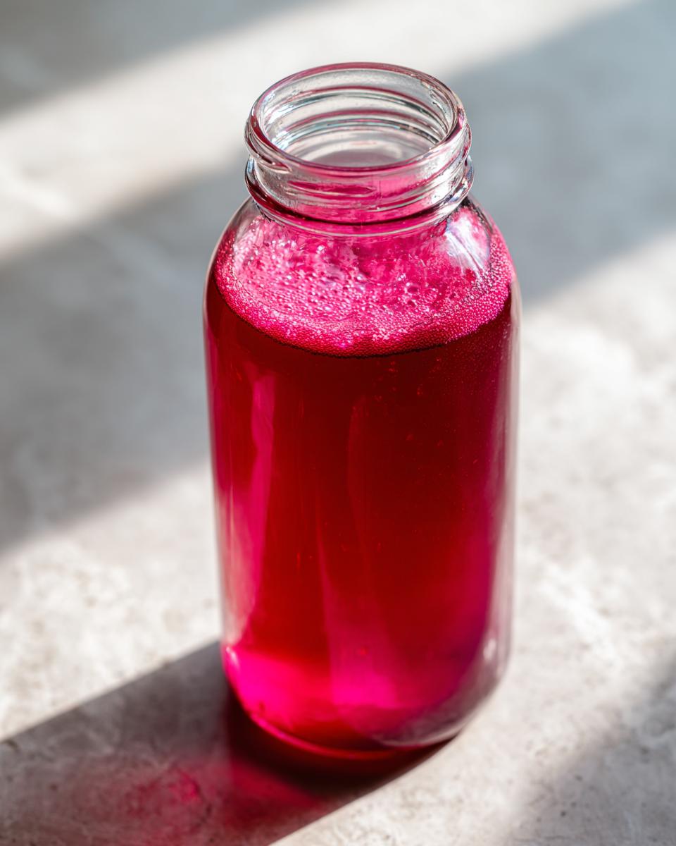 Nahaufnahme einer Glasflasche gefüllt mit leuchtend rotem Rhabarber-Sirup, der leicht schäumt.