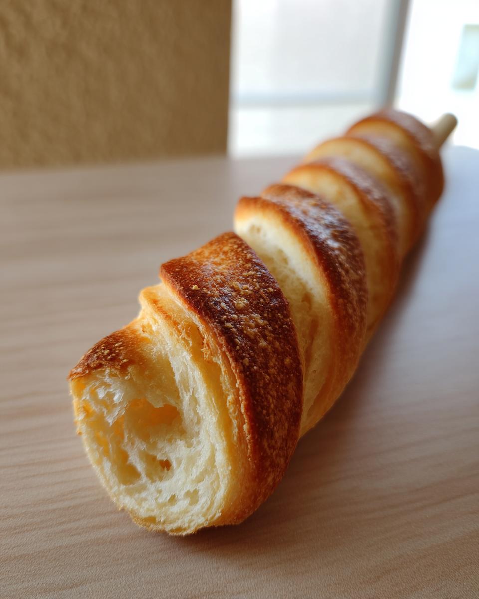 Nahaufnahme eines aufgeschnittenen Stockbrots, das um einen Stock gewickelt wurde und eine goldbraune Kruste hat.