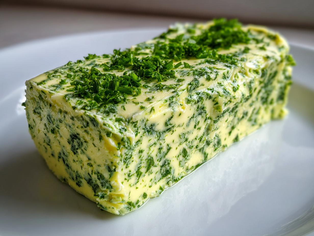 Ein Block selbstgemachte Bärlauchbutter, durchsetzt mit grünen Kräutern, liegt auf einem weißen Teller.