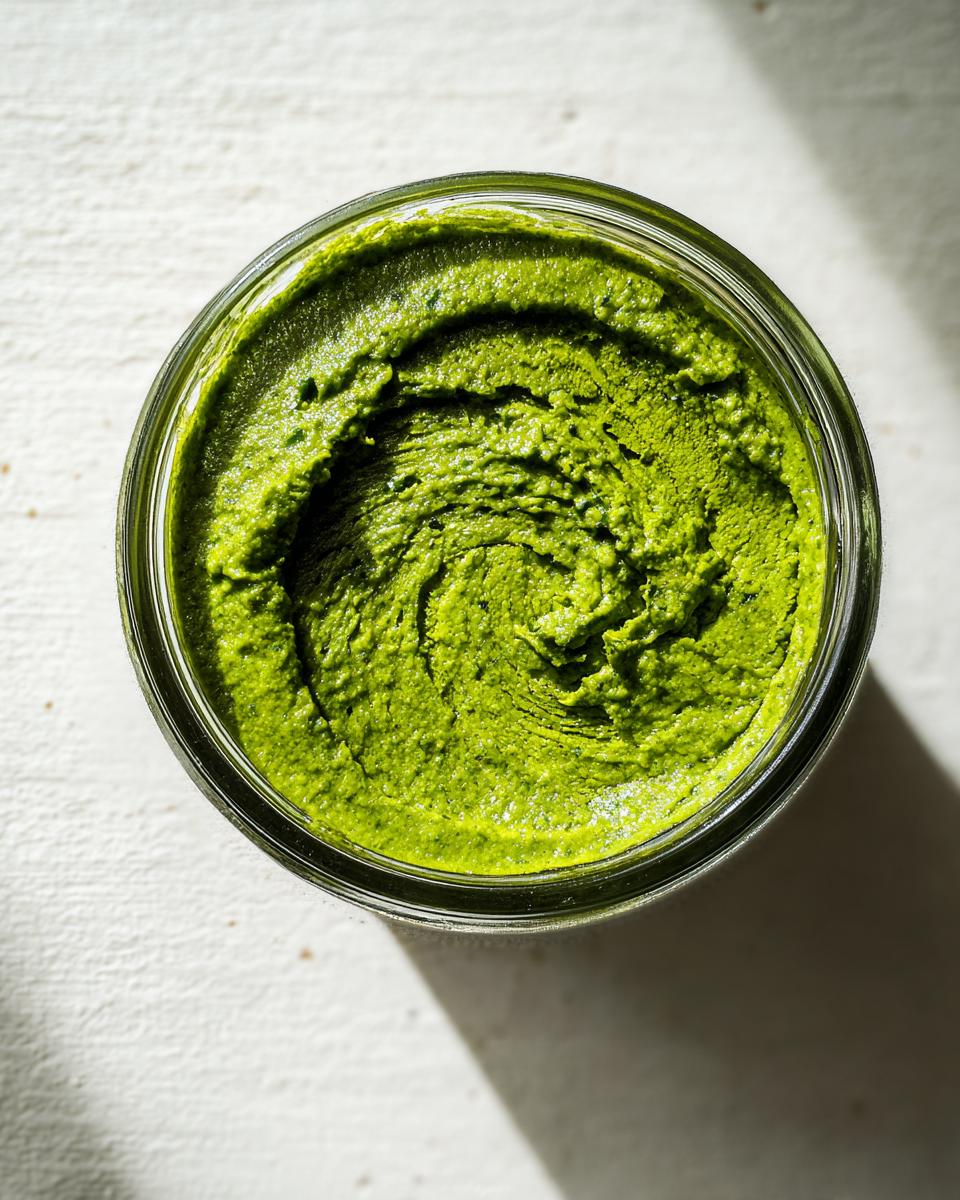 Nahaufnahme von leuchtend grüner, selbstgemachter Bärlauchpaste in einem Glas von oben.