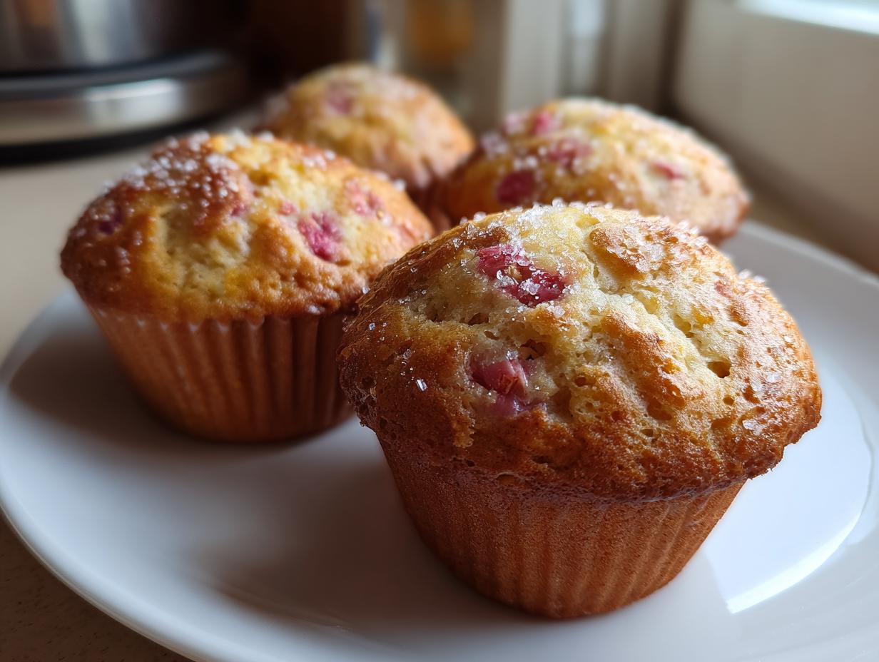 Vier frisch gebackene Rhabarber-Muffins mit grobem Zuckerguss auf einem weißen Teller.