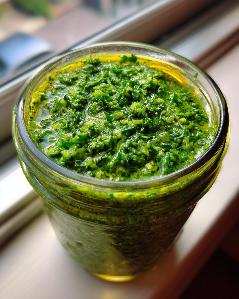 Nahaufnahme von selbstgemachtem, leuchtend grünem Bärlauch-Pesto in einem Schraubglas.