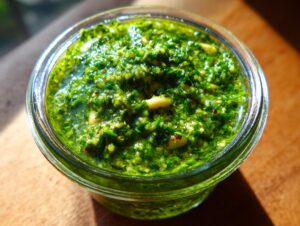 Nahaufnahme von leuchtend grünem Bärlauchpesto in einem kleinen Glas auf Holzuntergrund.
