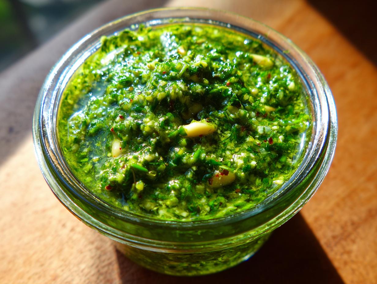 Nahaufnahme von leuchtend grünem Bärlauchpesto in einem kleinen Glas auf Holzuntergrund.