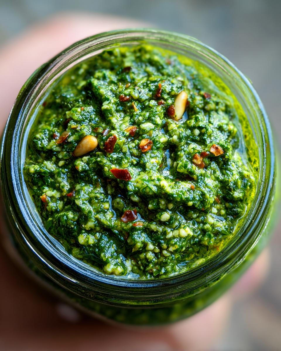 Nahaufnahme von frisch zubereitetem Bärlauchpesto mit Pinienkernen und Chiliflocken in einem Glas.