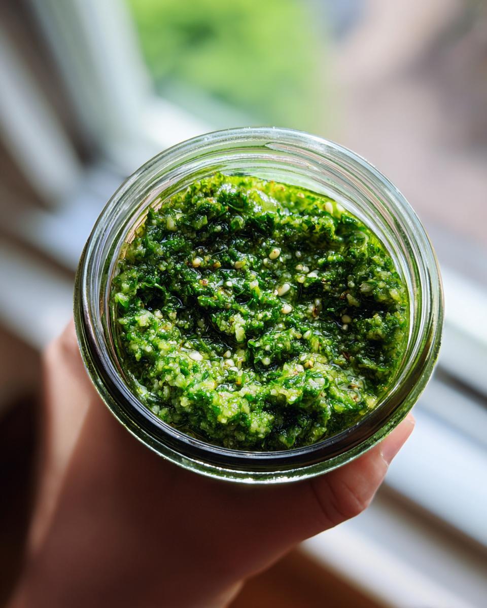 Nahaufnahme von oben: Eine Hand hält ein Glas mit frisch zubereitetem, leuchtend grünem Bärlauchpesto.
