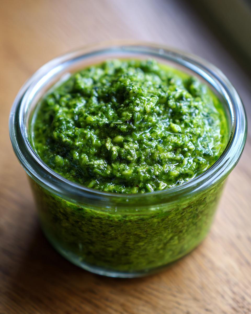 Nahaufnahme von leuchtend grünem Bärlauchpesto, das in einem kleinen Glas auf einem Holztisch aufbewahrt wird.